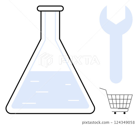 A lab flask containing light blue liquid is positioned next to a light blue wrench and a small grey shopping cart. Ideal for scientific research, laboratory procedures, repair services, online 124349058