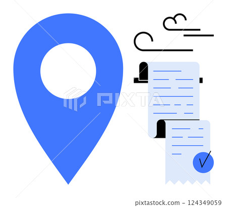 Large blue map pin adjacent to a receipt with a check mark symbolizes location-based financial activities. Ideal for finance, expense tracking, business, navigation, and technology. Flat vector style 124349059