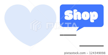Light blue heart beside a blue speech bubble with shop text. Simple design, bold text. Ideal for E-commerce, online stores, shopping, digital marketing, retail promotions. Flat vector style 124349098