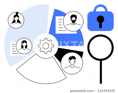 A pie chart with user profile icons represents data analysis. Includes a lock symbol for security and a magnifying glass for search. Ideal for data protection, cybersecurity, online privacy, user 124349105