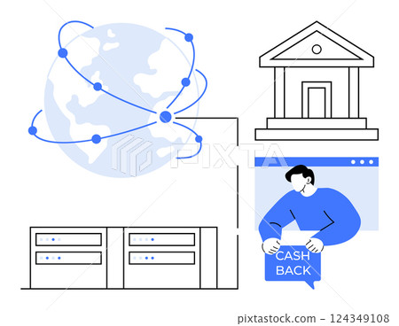 Featuring a connected globe, bank building, servers, and a person receiving cashback. Ideal for online banking, financial transactions, global network, information technology, and digital payment Featuring a connected globe, bank building, servers, and a person receiving cashback. Ideal for online banking, financial transactions, global network, information technology, and digital payment 124349108