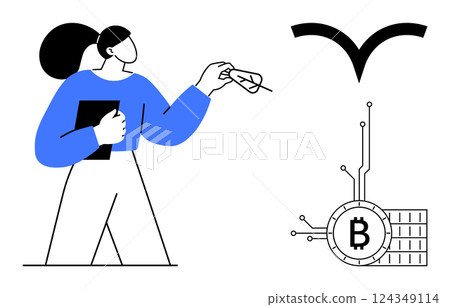 Woman holding a file and paper plane stands next to a Bitcoin symbol and black bird logo. Ideal for finance, technology, blockchain, cryptocurrencies, modern business. Cartoon vector style. Blue 124349114