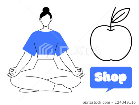 Woman in meditation pose with a blue outfit to convey tranquility. An apple symbol and a shop sign suggest health and well-being. Ideal for wellness, mindfulness, healthy lifestyle, online shopping 124349116