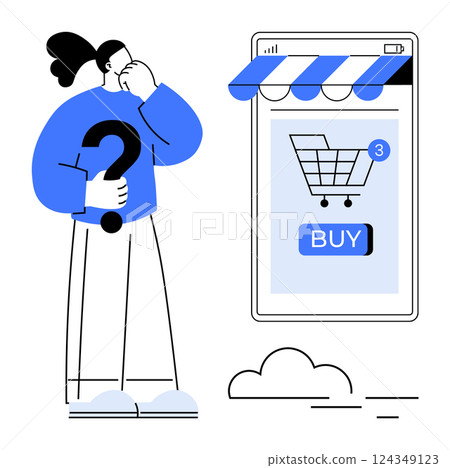 A person with a ponytail ponders online shopping holding a large question mark. A mobile screen displays a shopping cart icon with 3 notifications and a BUY button, indicating e-commerce activity A person with a ponytail ponders online shopping holding a large question mark. A mobile screen displays a shopping cart icon with 3 notifications and a BUY button, indicating e-commerce activity 124349123