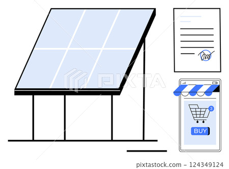 A solar panel with a contract document and a mobile screen displaying a shopping cart and a buy button. Ideal for renewable energy, e-commerce, environmental sustainability, online shopping A solar panel with a contract document and a mobile screen displaying a shopping cart and a buy button. Ideal for renewable energy, e-commerce, environmental sustainability, online shopping 124349124