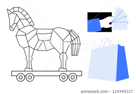 Geometric Trojan Horse on wheels, a hand holding cash, and a blue shopping bag with a . Ideal for cybersecurity, online shopping, finance, retail, and e-commerce themes. Modern minimalist 124349127