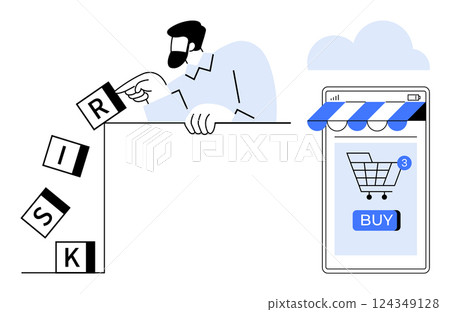 Man preventing the word Risk from collapsing while an online shopping cart on a smartphone displays a Buy button. Ideal for e-commerce, risk management, online shopping, consumer behavior, digital 124349128
