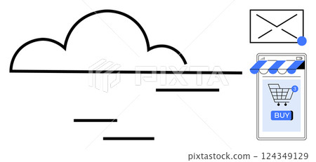Simple line art showing cloud storage, online shopping with a smartphone, and an email notification. Ideal for technology, e-commerce, online marketing, cloud services, digital communication 124349129