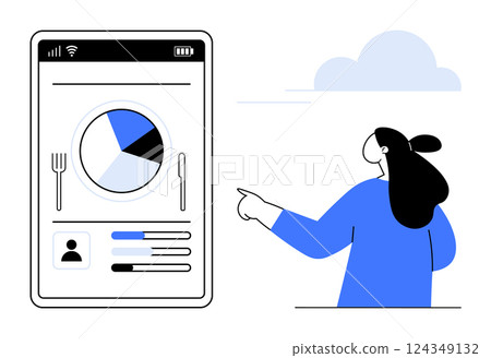 A person interacts with a large smartphone displaying a pie chart and activity bars, representing data for health and fitness tracking. Ideal for digital health, fitness tracking, diet management 124349132