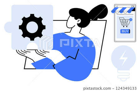 A woman holding a gear puzzle piece symbolizing problem-solving. Nearby is a digital shopping cart screen and a lightbulb icon. Ideal for technology, innovation, online shopping, automation A woman holding a gear puzzle piece symbolizing problem-solving. Nearby is a digital shopping cart screen and a lightbulb icon. Ideal for technology, innovation, online shopping, automation 124349133