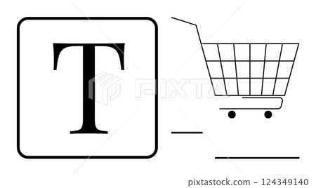 Large letter T inside a square alongside a minimalist shopping cart silhouette. Ideal for online shopping, e-commerce, retail apps, user interfaces and graphic design. Simple outline style Large letter T inside a square alongside a minimalist shopping cart silhouette. Ideal for online shopping, e-commerce, retail apps, user interfaces and graphic design. Simple outline style 124349140