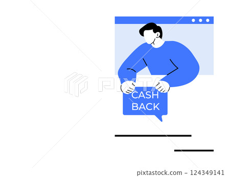 A person holding a sign with Cash Back text. Ideal for marketing, finance, online shopping, promotions, rewards. Style Minimalist Cartoon Vector. Ideal for marketing finance online shopping 124349141