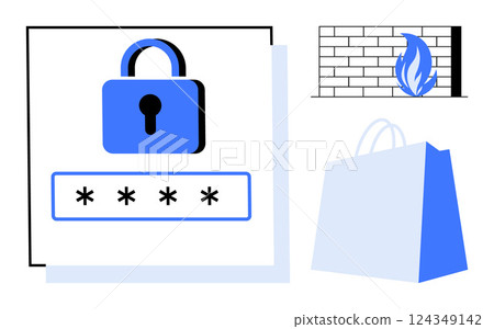 Blue padlock with a password field, a brick wall with a flame symbol, and a shopping bag with letter in blue and white colors. Ideal for online security, e-commerce, data protection, firewall 124349142