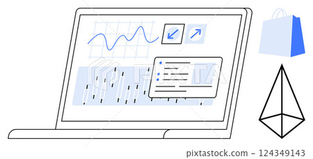Laptop screen presents various charts and analytics. Ideal for business, data analysis, e-commerce, market research, and technology themes. Clean and modern vector style Laptop screen presents various charts and analytics. Ideal for business, data analysis, e-commerce, market research, and technology themes. Clean and modern vector style 124349143