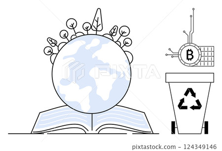 A globe with branches and leaves emerging from a book, a recycling bin, and a Bitcoin symbol. Ideal for education, sustainability, technology, digital economy, environmental awareness. Modern vector 124349146