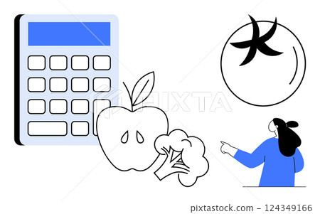 Woman pointing towards a pie chart with a large calculator, apple, and broccoli in front. Ideal for diet planning, healthy eating, financial management, nutrition education, and budgeting 124349166