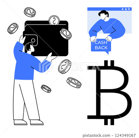 A person holding a large wallet with flying coins, a figure in a chat window displaying cash back text, and a prominent Bitcoin symbol. Ideal for digital currency, blockchain, fintech, e-commerce 124349167