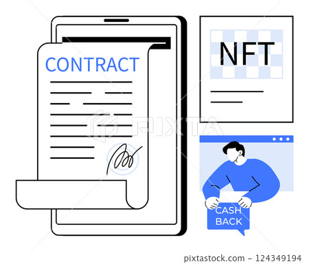 Digital tablet with signed contract, NFT certificate, person holding cash back sign. Ideal for technology use, digital contracts, cryptocurrency, customer rewards, modern finance. Clean graphic style 124349194