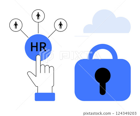 A hand points to HR connected to people icons, with a lock and cloud nearby. Ideal for digital security, HR management, cloud computing, workforce communication, employee data protection. Simple A hand points to HR connected to people icons, with a lock and cloud nearby. Ideal for digital security, HR management, cloud computing, workforce communication, employee data protection. Simple 124349203