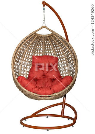 Cozy hanging chair transforms relaxation in any outdoor space. Isolated on white background. Cozy hanging chair transforms relaxation in any outdoor space. Isolated on white background. 124349260