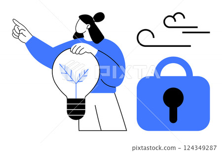 Person holding a light bulb and pointing forward with a lock and wind icon in the background. Ideal for security innovation, idea protection, creative thinking, future planning, safety. Flat design 124349287