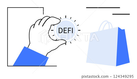 White hand holding a DeFi coin beside a blue shopping bag with the . Ideal for finance, cryptocurrency, e-commerce, fintech, blockchain. Simple vector style 124349295