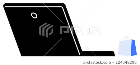 Black silhouette of an open laptop with a small shopping bag icon containing on the right. Ideal for online shopping, e-commerce, digital marketing, technology, web design. Vector minimal style 124349296