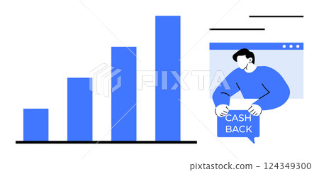 A bar chart with four increasing bars indicating growth sits beside a person holding a cash back sign. Ideal for finance, sales, business growth, incentives, and online marketing. Flat design style A bar chart with four increasing bars indicating growth sits beside a person holding a cash back sign. Ideal for finance, sales, business growth, incentives, and online marketing. Flat design style 124349300