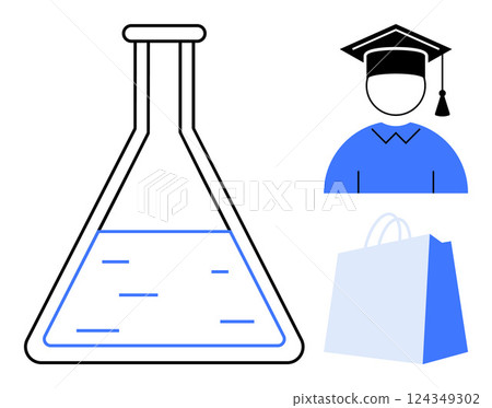 A simple vector style image of an Erlenmeyer flask with blue liquid, a graduate student icon in blue gown and cap, and a blue shopping bag with . Ideal for education, science, graduation A simple vector style image of an Erlenmeyer flask with blue liquid, a graduate student icon in blue gown and cap, and a blue shopping bag with . Ideal for education, science, graduation 124349302
