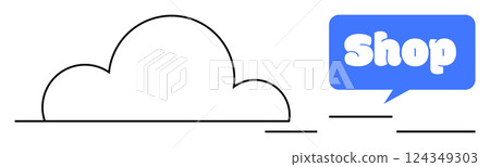 A simple cloud outline on the left and a blue speech bubble with the word Shop on the right. Ideal for e-commerce, online stores, digital marketing, sales promotions, and advertising. Minimalist A simple cloud outline on the left and a blue speech bubble with the word Shop on the right. Ideal for e-commerce, online stores, digital marketing, sales promotions, and advertising. Minimalist 124349303