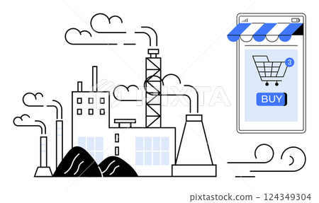 Industrial factory buildings with smoke and piping next to a smartphone with a shopping cart buy button. Ideal for e-commerce, manufacturing industry, online shopping, digital transformation Industrial factory buildings with smoke and piping next to a smartphone with a shopping cart buy button. Ideal for e-commerce, manufacturing industry, online shopping, digital transformation 124349304