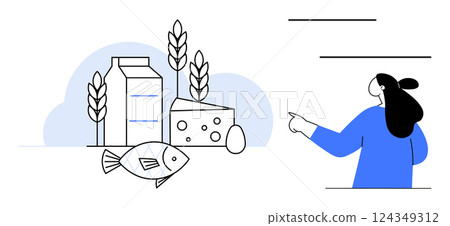 Various food items such as milk, cheese, fish, wheat, and an egg next to a person pointing. Ideal for health education, diet planning, nutrition tips, food guides, and healthy eating. Simple line art 124349312
