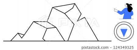 Geometric rock formations paired with a woman pointing and a blue triangle symbol in a circle. Simple lines and colors create a minimalist look. Ideal for geometry education, design concepts 124349325