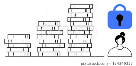 Stacked coin piles showing progression in height next to a padlock and a female figure. Ideal for financial growth security savings education investment and personal finance themes. Simple line style Stacked coin piles showing progression in height next to a padlock and a female figure. Ideal for financial growth security savings education investment and personal finance themes. Simple line style 124349332