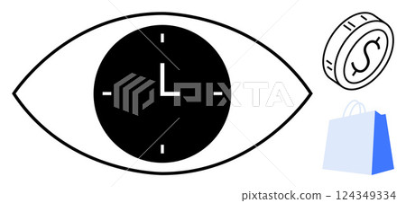 An eye with a clock, a dollar coin, and a shopping bag. Ideal for time management, e-commerce, finance, productivity, and business. Simple clean style An eye with a clock, a dollar coin, and a shopping bag. Ideal for time management, e-commerce, finance, productivity, and business. Simple clean style 124349334