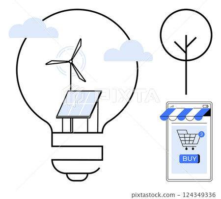 A lightbulb encloses a solar panel and wind turbine beneath clouds. A nearby smartphone displays a shopping cart with a buy button. Ideal for renewable energy ecommerce sustainability technology A lightbulb encloses a solar panel and wind turbine beneath clouds. A nearby smartphone displays a shopping cart with a buy button. Ideal for renewable energy ecommerce sustainability technology 124349336