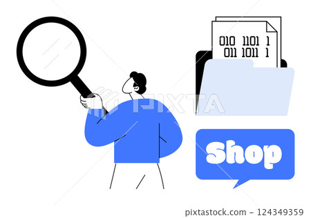Simplified image of a person holding a magnifying glass next to a document folder and a speech bubble with the word Shop. Ideal for business, e-commerce, online shopping, data analysis 124349359