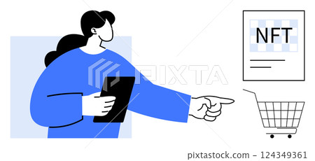 Woman holding a tablet pointing to an NFT and shopping cart. Ideal for technology, e-commerce, digital art, online shopping, and cryptocurrency themes. Simple vector style with blue and black colors Woman holding a tablet pointing to an NFT and shopping cart. Ideal for technology, e-commerce, digital art, online shopping, and cryptocurrency themes. Simple vector style with blue and black colors 124349361