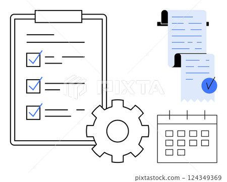 A clipboard with a checklist, a gear, a calendar, and a document with a checkmark. Ideal for productivity, task management, organization, scheduling, workflow optimization. Simple clean design A clipboard with a checklist, a gear, a calendar, and a document with a checkmark. Ideal for productivity, task management, organization, scheduling, workflow optimization. Simple clean design 124349369