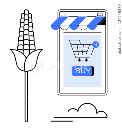 Corn stalk and digital shopping screen with a cart icon and BUY button. Ideal for agriculture, technology, e-commerce, digital marketing, and online retail. Modern vector style. Blue and black colors Corn stalk and digital shopping screen with a cart icon and BUY button. Ideal for agriculture, technology, e-commerce, digital marketing, and online retail. Modern vector style. Blue and black colors 124349370
