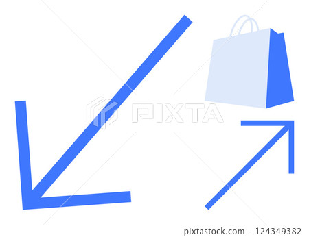 Blue arrows point in opposite directions next to a shopping bag with the . Ideal for business presentations online shopping advertising consumer behavior educational materials minimalist 124349382