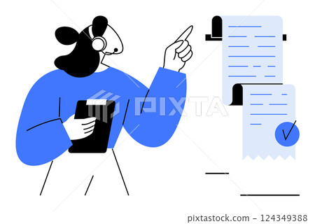 A person wearing a headset points at documents while holding a clipboard. Ideal for customer service, administrative tasks, document management, workflow organization, and business communication 124349388