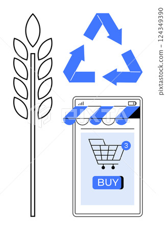 A wheat stalk, recycle symbol, and online shopping screen with a cart and buy button. Ideal for e-commerce, sustainability, agriculture, recycling, and online shopping. Modern minimal style 124349390