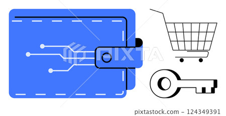 Blue wallet with circuit lines, black shopping cart, and key in simple design. Ideal for digital payments, online shopping, cybersecurity, fintech, e-commerce. Clear and modern vector style for 124349391