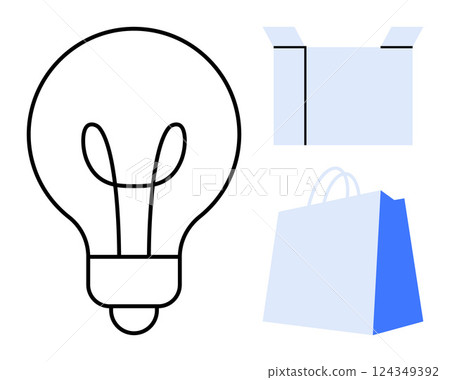 Light bulb, open package box, and shopping bag. Ideal for ecommerce, retail, shipping services, idea generation, and product packaging. Bold colors and clean minimalist style 124349392