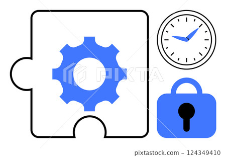 Puzzle piece with a blue gear icon, a clock, and a padlock symbol. Ideal for time management, security, workflow, problem-solving, and organization. Clean, minimalist, modern style Puzzle piece with a blue gear icon, a clock, and a padlock symbol. Ideal for time management, security, workflow, problem-solving, and organization. Clean, minimalist, modern style 124349410