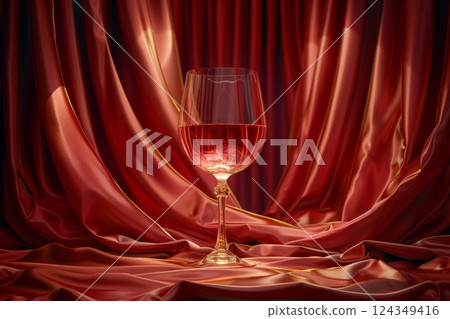Elegant 3d visualization of a glass of white wine surrounded by rich burgundy silk drapery 124349416