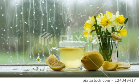 Cozy windowsill scene with tea and daffodils overlooking a softly blurred forest landscape 124349417