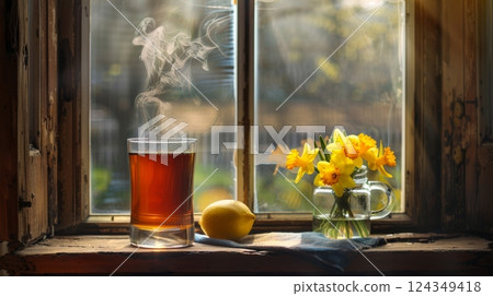 Cozy windowsill retreat  a glass of lemon tea and daffodils with a blurred forest view 124349418