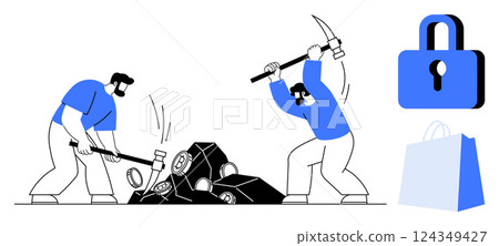 Two men use a sledgehammer and pickaxe to break rocks. A locked padlock and a shopping bag with are displayed beside them. Ideal for security, construction, e-commerce, hard work, teamwork Two men use a sledgehammer and pickaxe to break rocks. A locked padlock and a shopping bag with are displayed beside them. Ideal for security, construction, e-commerce, hard work, teamwork 124349427